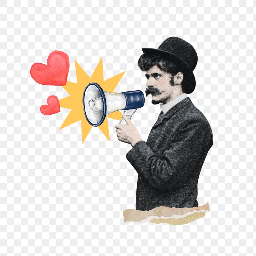 Valentine's celebration png, man holding megaphone editable collage. Remixed by rawpixel.