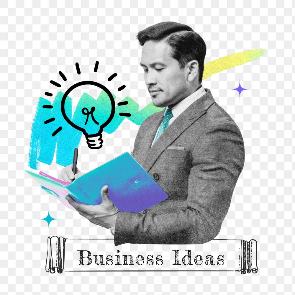 Business ideas word png element, editable businessman collage remix design