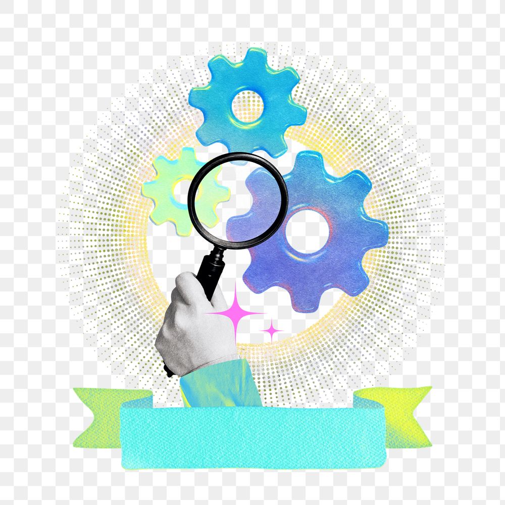 Business cogwheel png element, editable magnifying glass collage remix