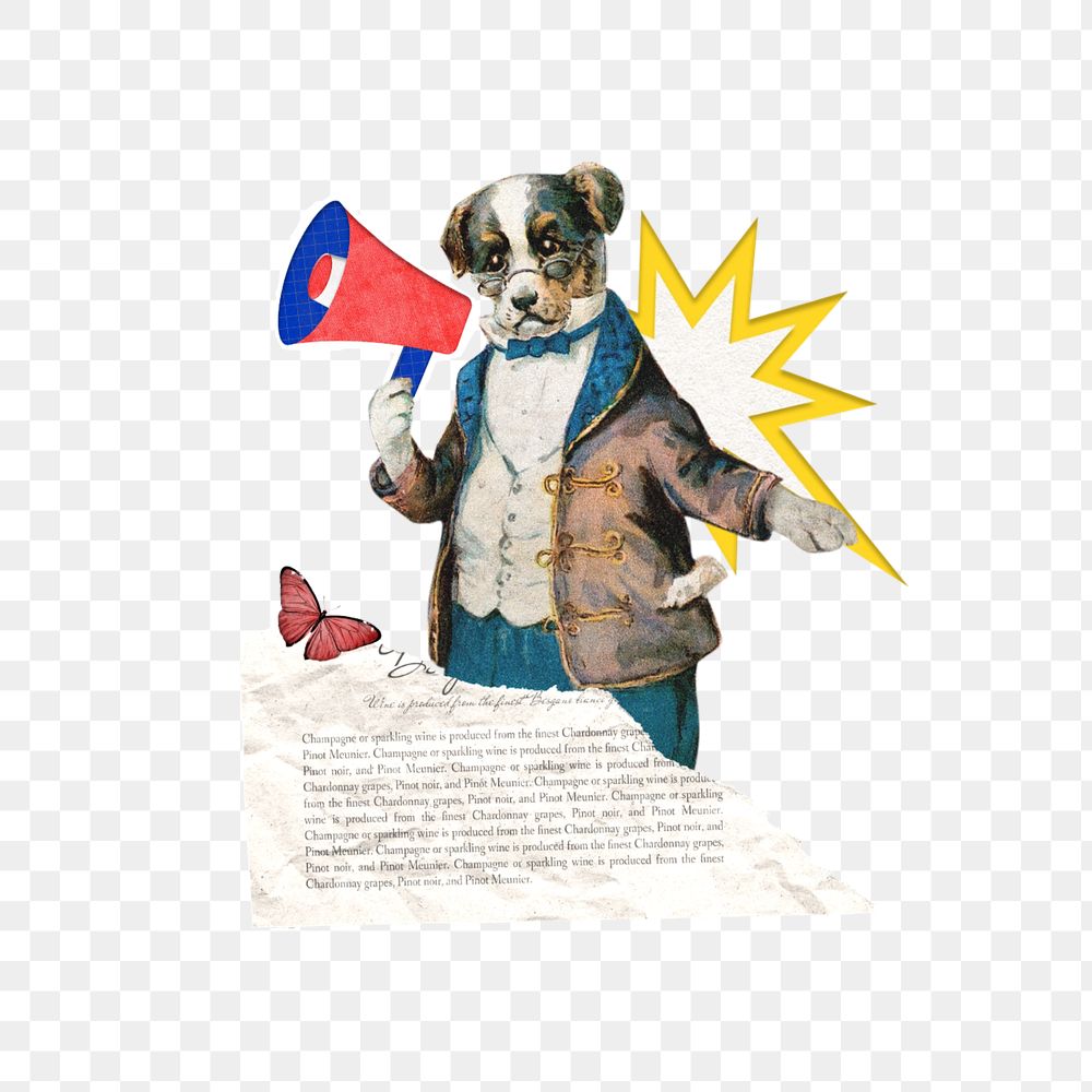 Dog holding megaphone png, editable social media collage. Remixed by rawpixel.