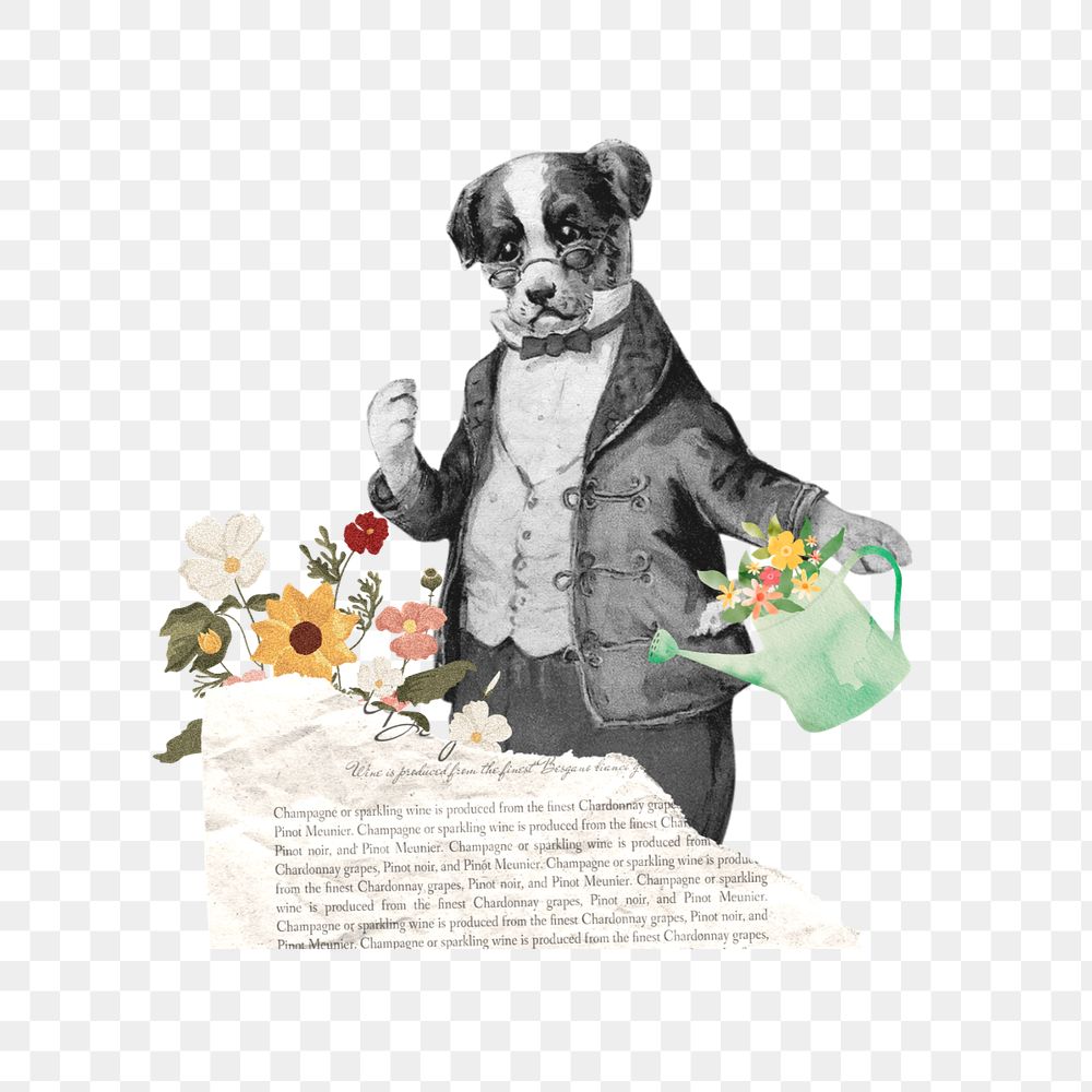 Dog watering flower png, editable vintage collage. Remixed by rawpixel.