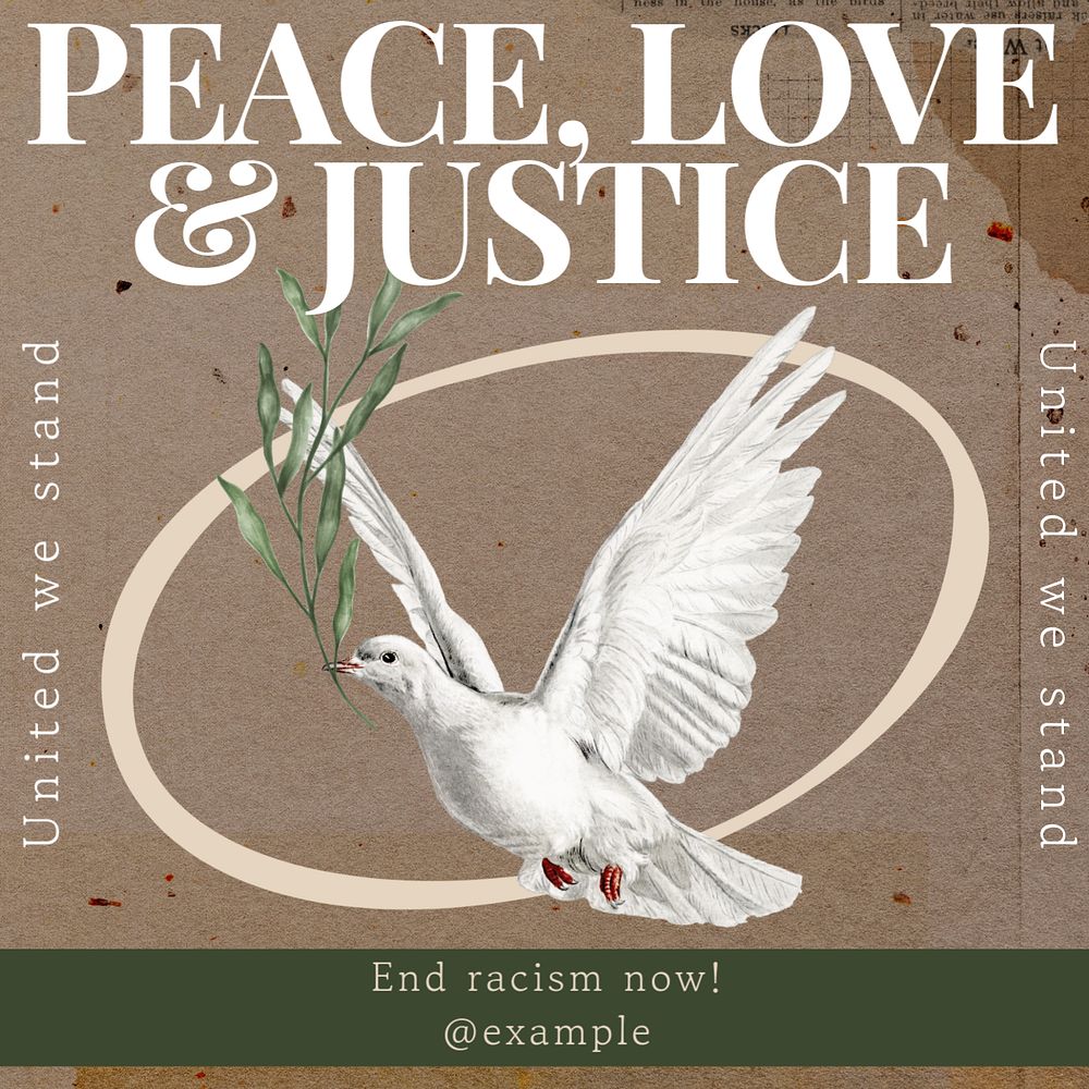 Peace, love & justice Instagram post template, editable text