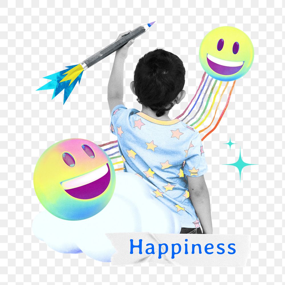 Happiness word png element, editable kid collage remix