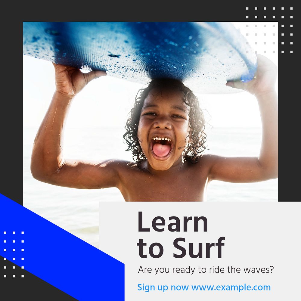 Learn surfing Instagram post template, editable text