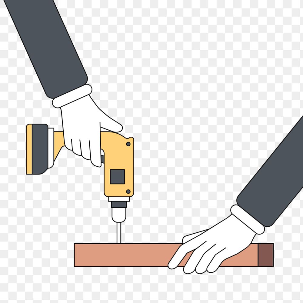 Hands holding electric screwdriver and wood, technician illustration, editable design