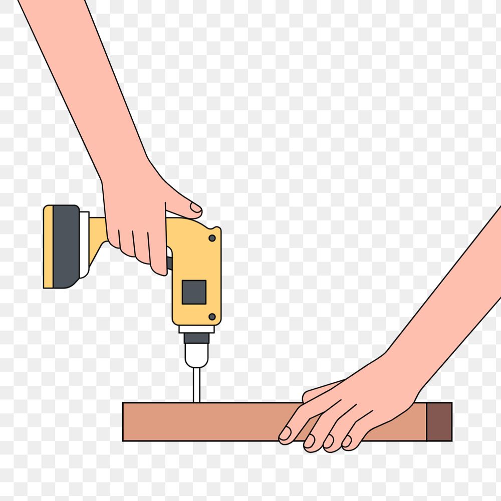 Hands holding electric screwdriver and wood, technician illustration, editable design