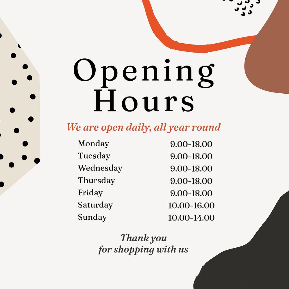 Opening hours Instagram post template, editable text