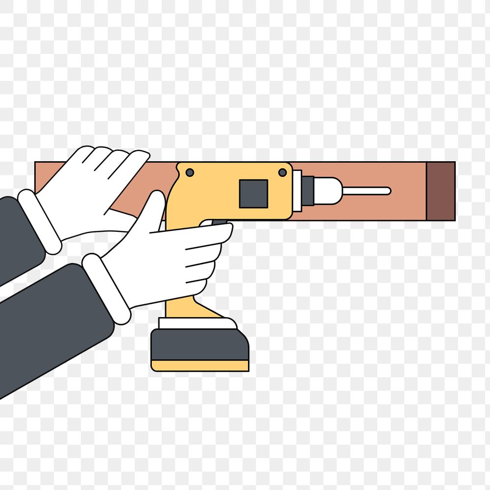 Hands holding electric screwdriver and wood, technician illustration, editable design