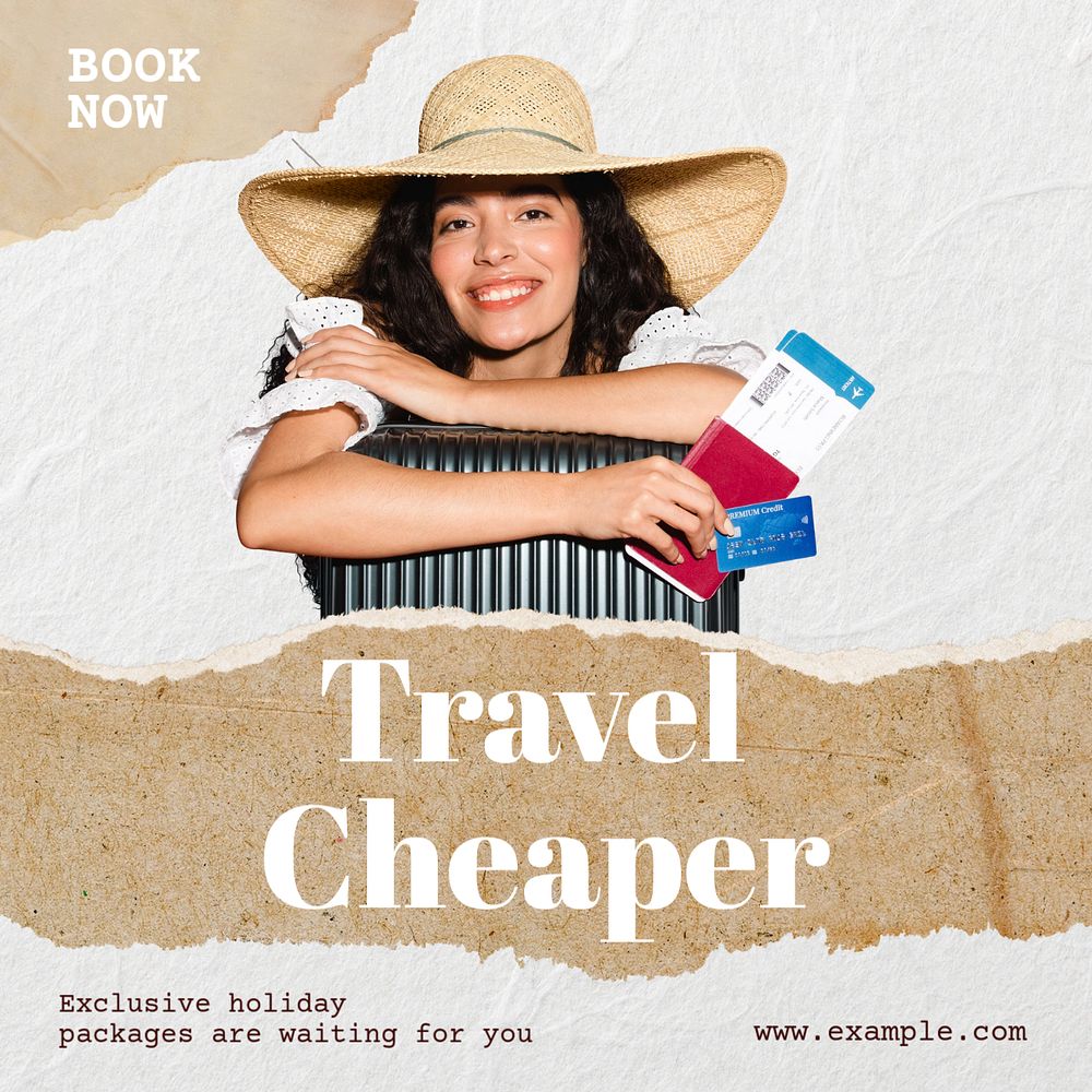 Travel Cheaper Instagram post template, editable text