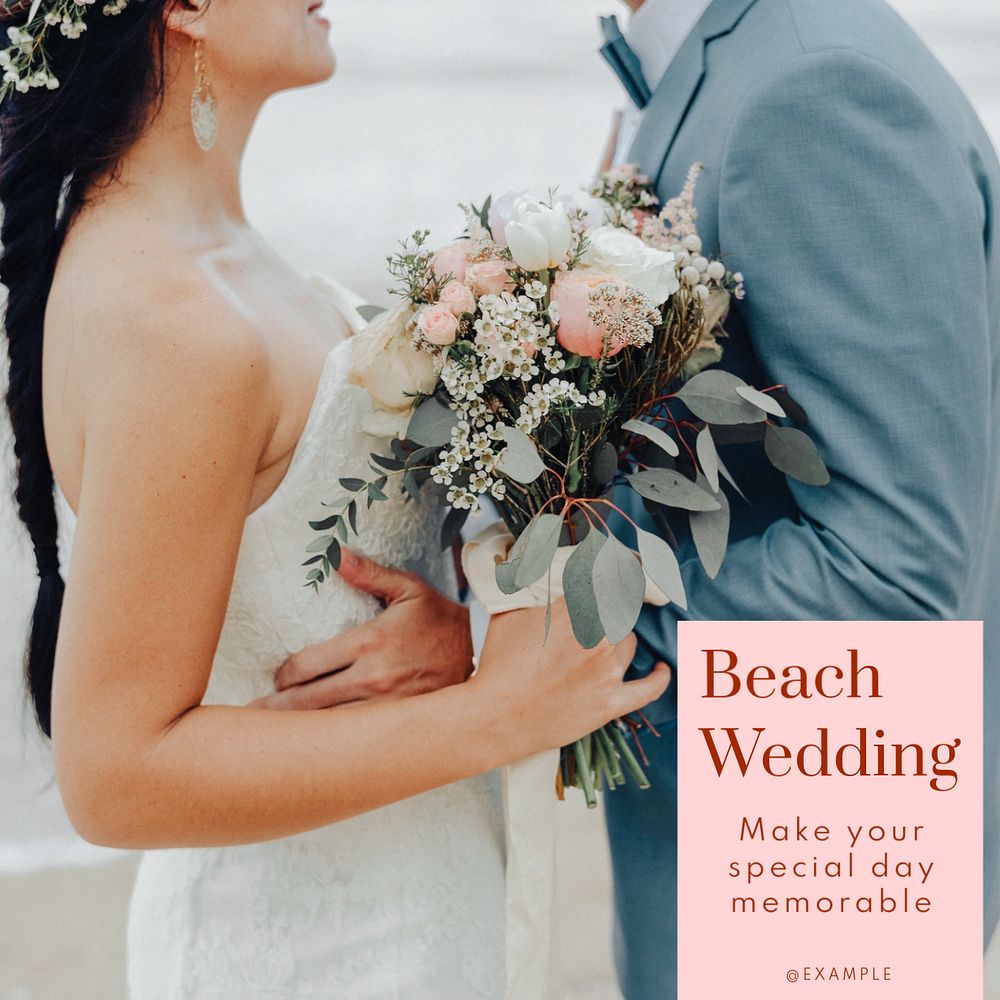 Beach wedding Instagram post template, editable text