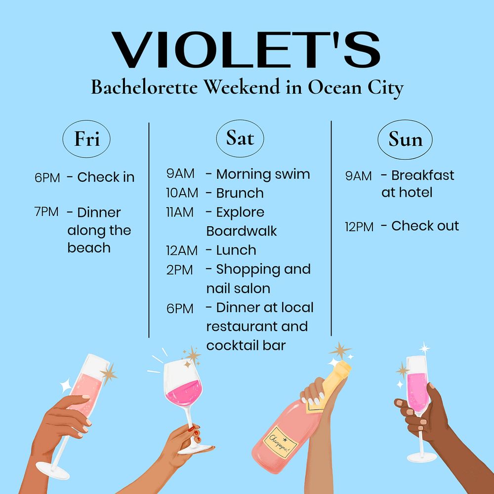 Bachelorette weekend itinerary Instagram post template, editable text