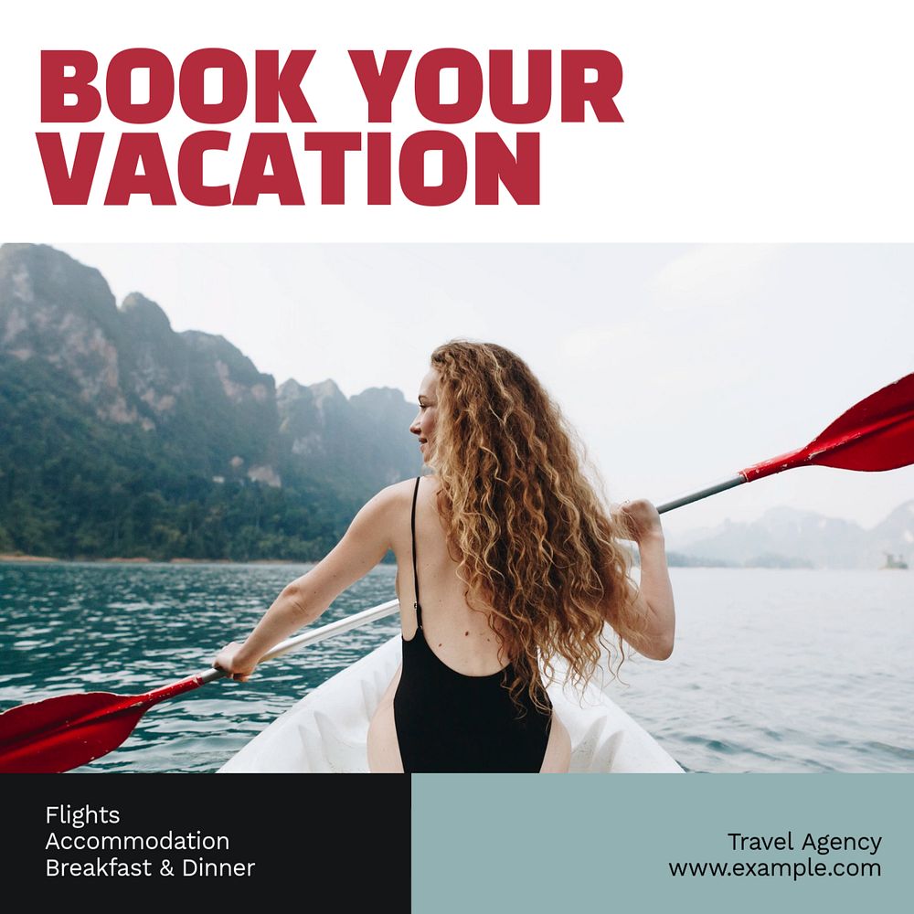 Book your vacation Instagram post template, editable text