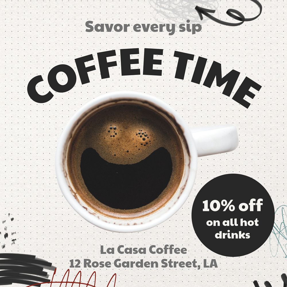 Coffee shop promotion Instagram post template, editable text