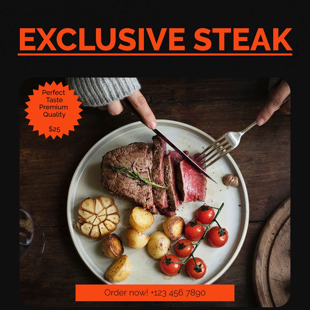 Premium steak Instagram post template, editable text