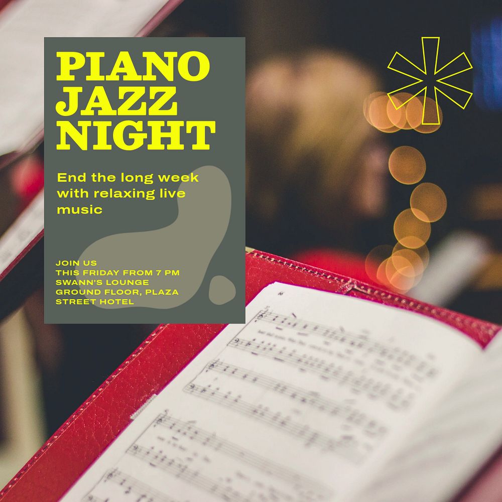 Piano jazz night Instagram post template, editable text