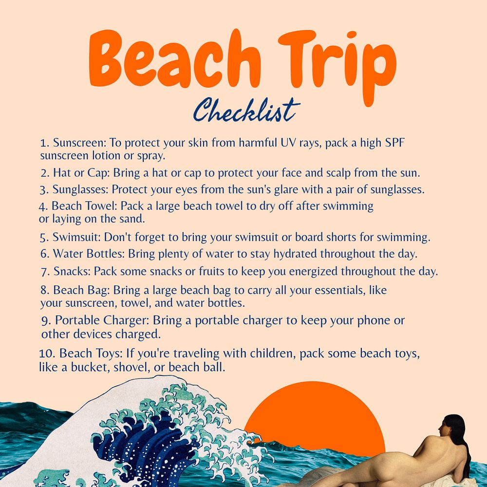 Beach trip checklist Instagram post template, editable text