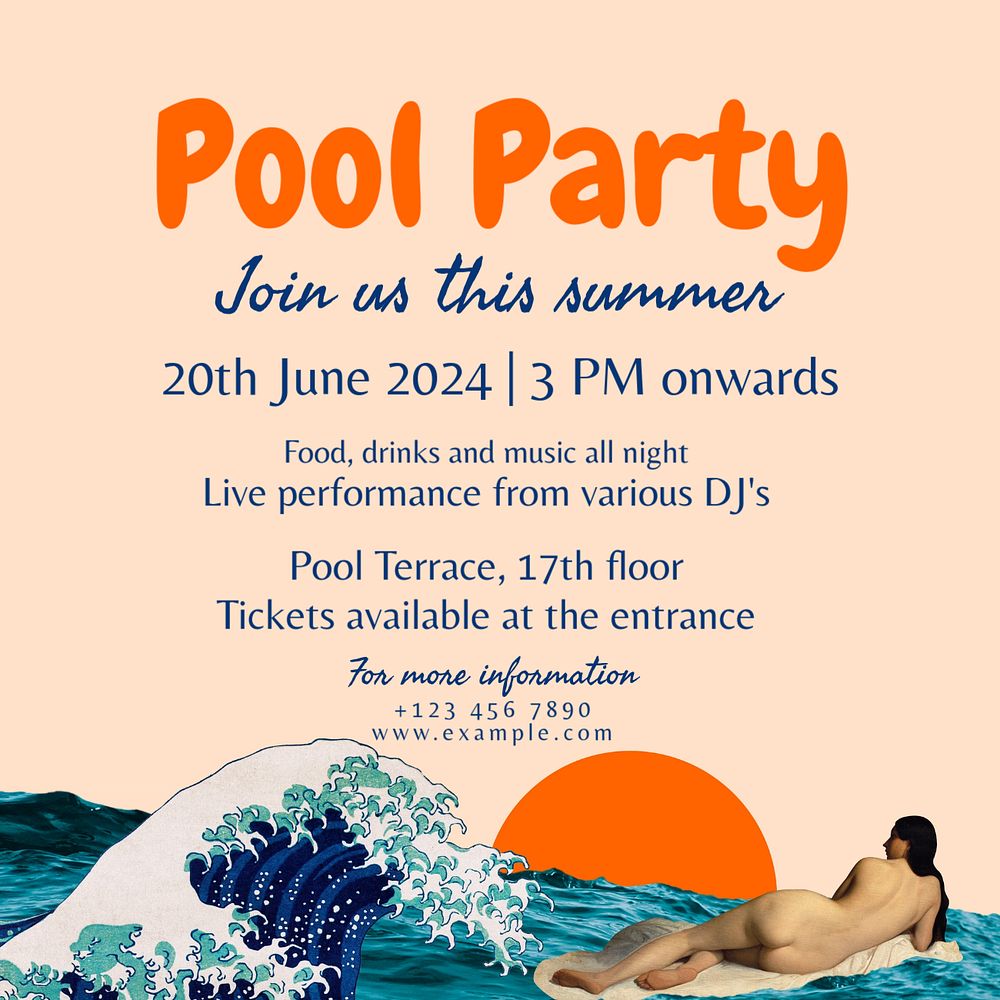 Pool party Instagram post template, editable text