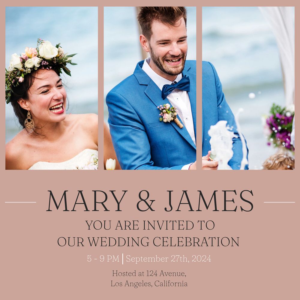 Wedding invitation Instagram post template, editable text