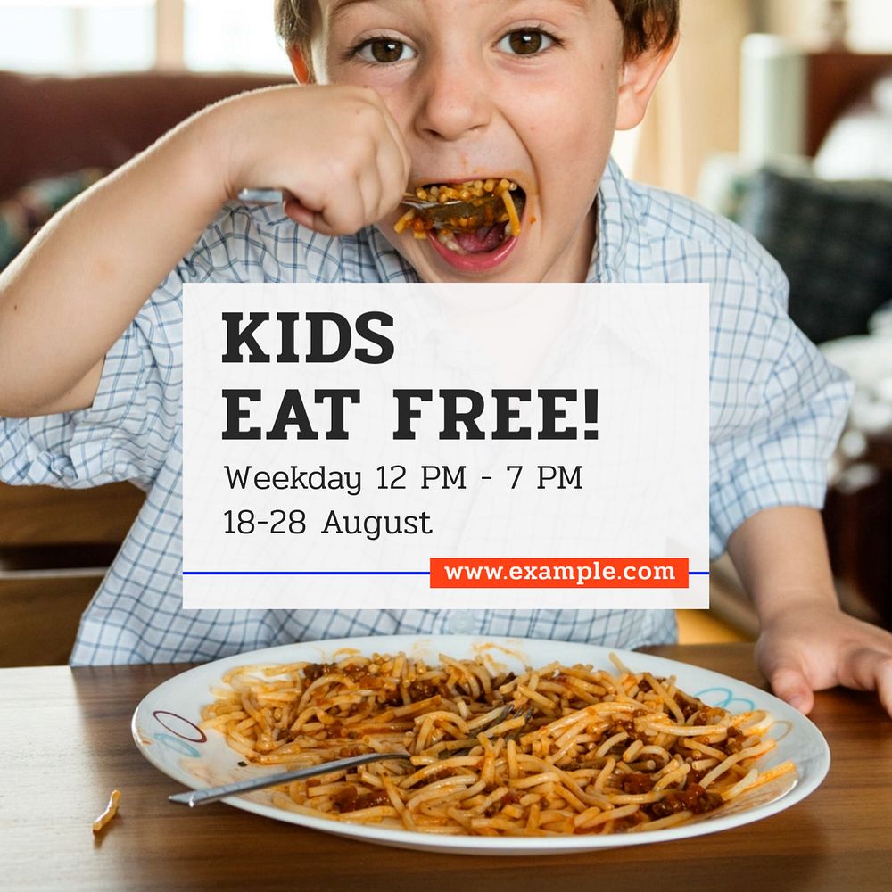 Kids eat free Instagram post template, editable text