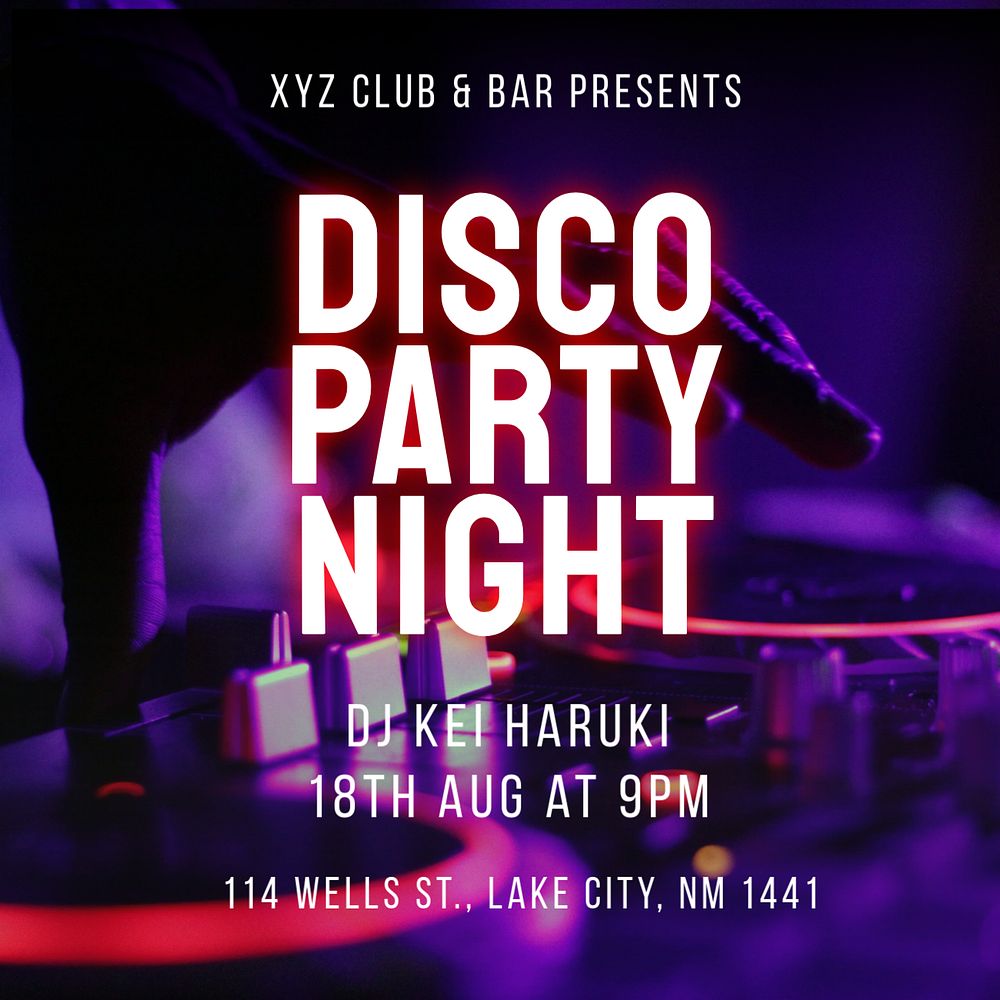 Disco party night Instagram post template, editable text