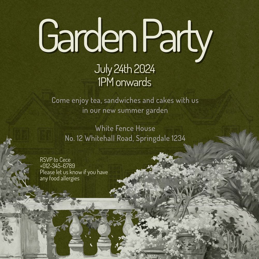 Garden party Instagram post template, editable text