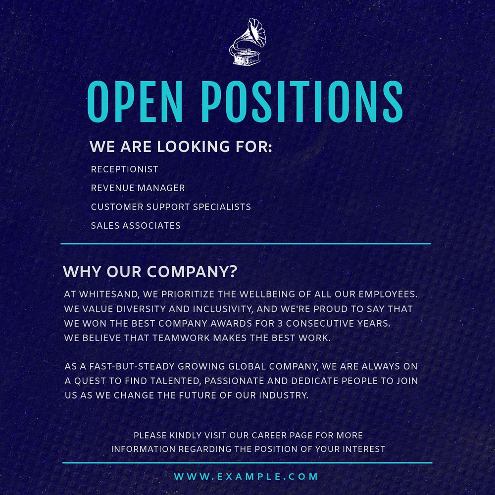 Open positions Instagram post template, editable text