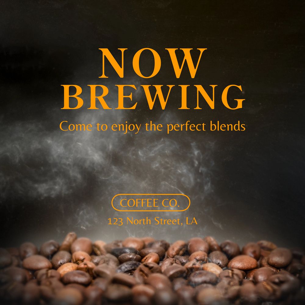 Now brewing, cafe Instagram post template, editable text