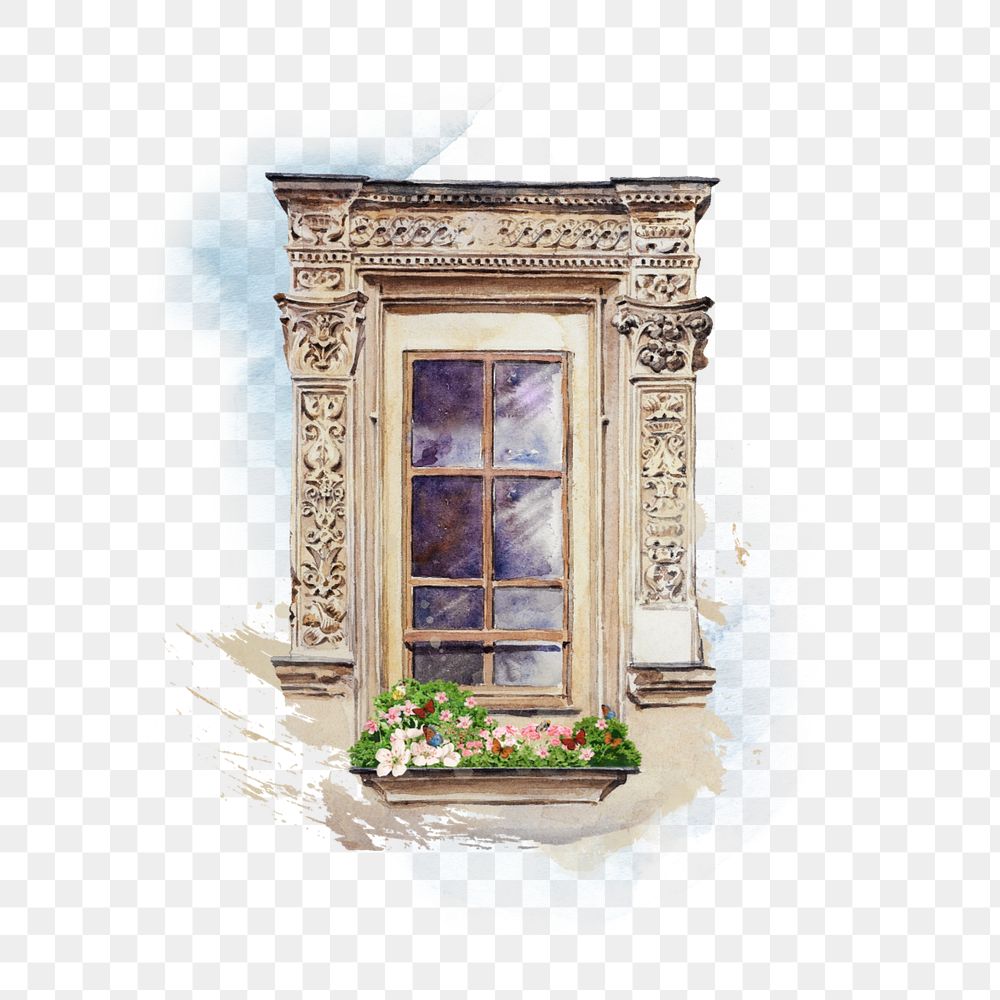 Watercolor building window png element, editable remix design