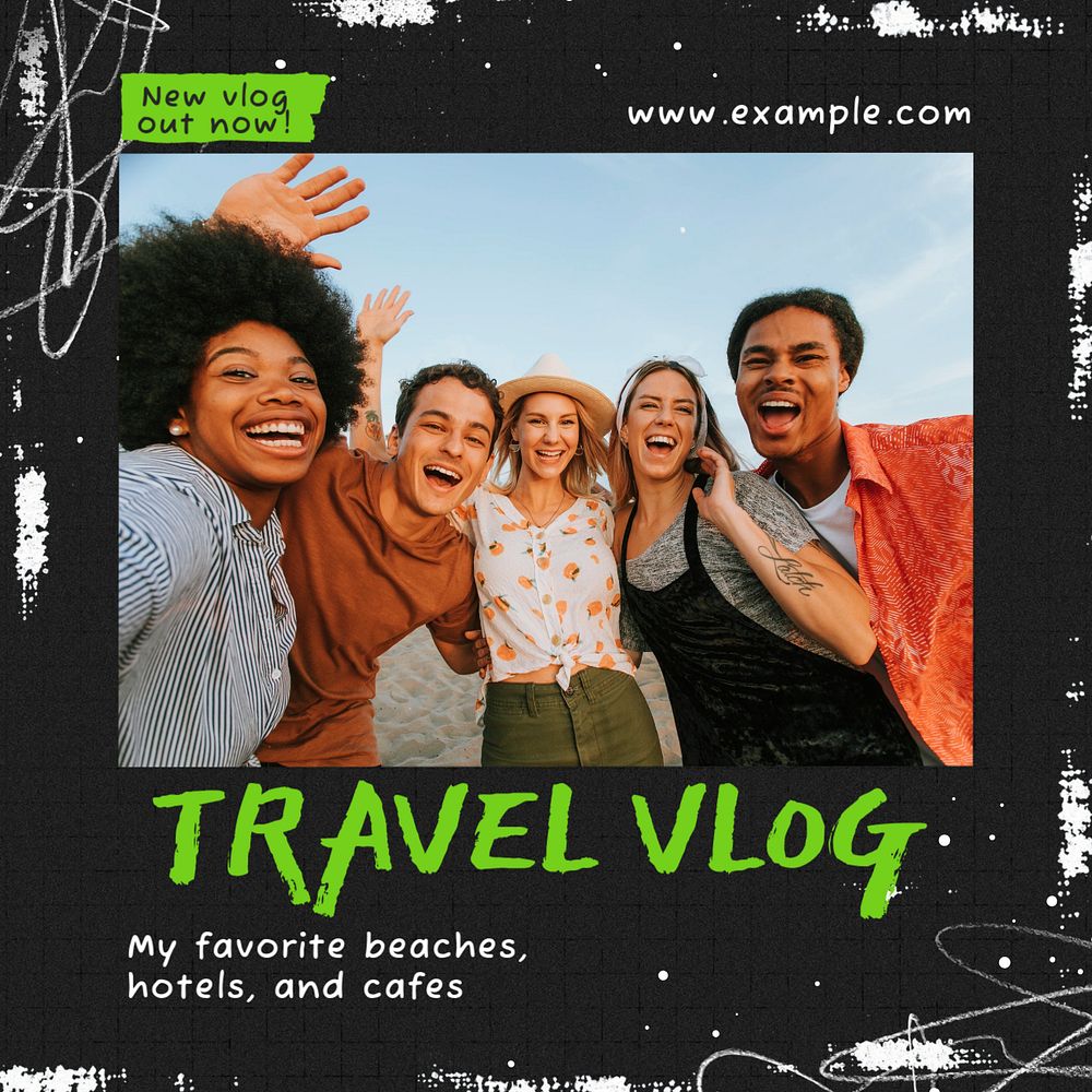 Travel vlog Instagram post template, editable text