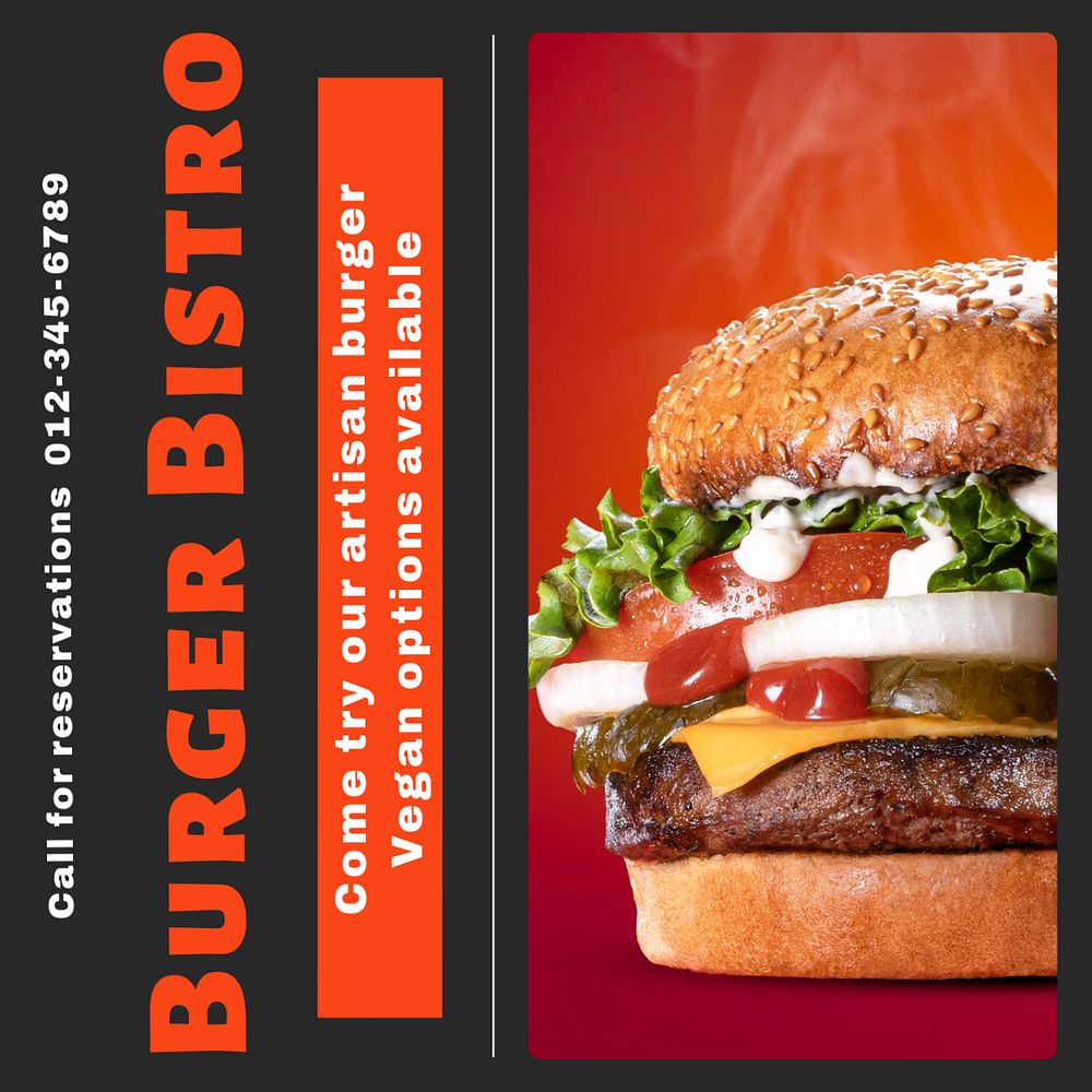 Burger bistro Instagram post template, editable text