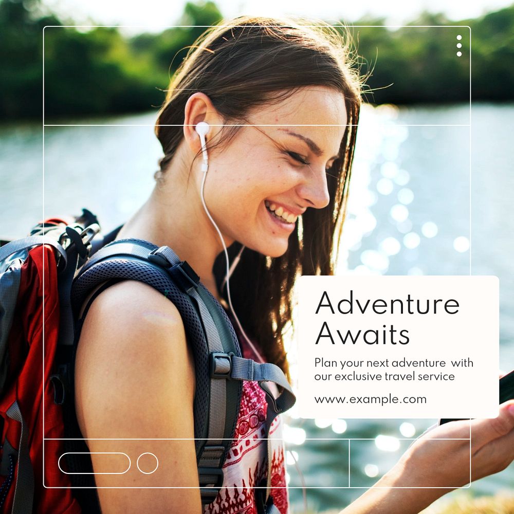 Adventure awaits, travel service Instagram post template, editable text