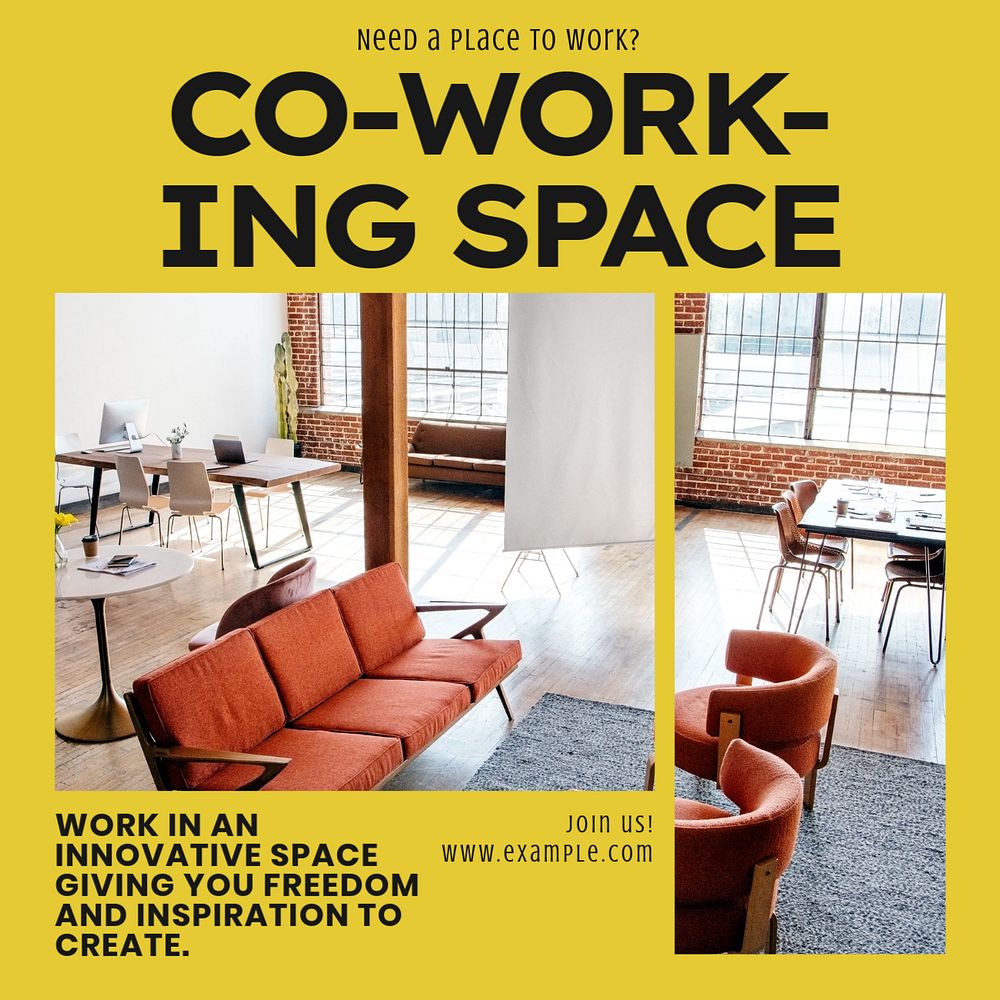 Co-working space Instagram post template, editable text