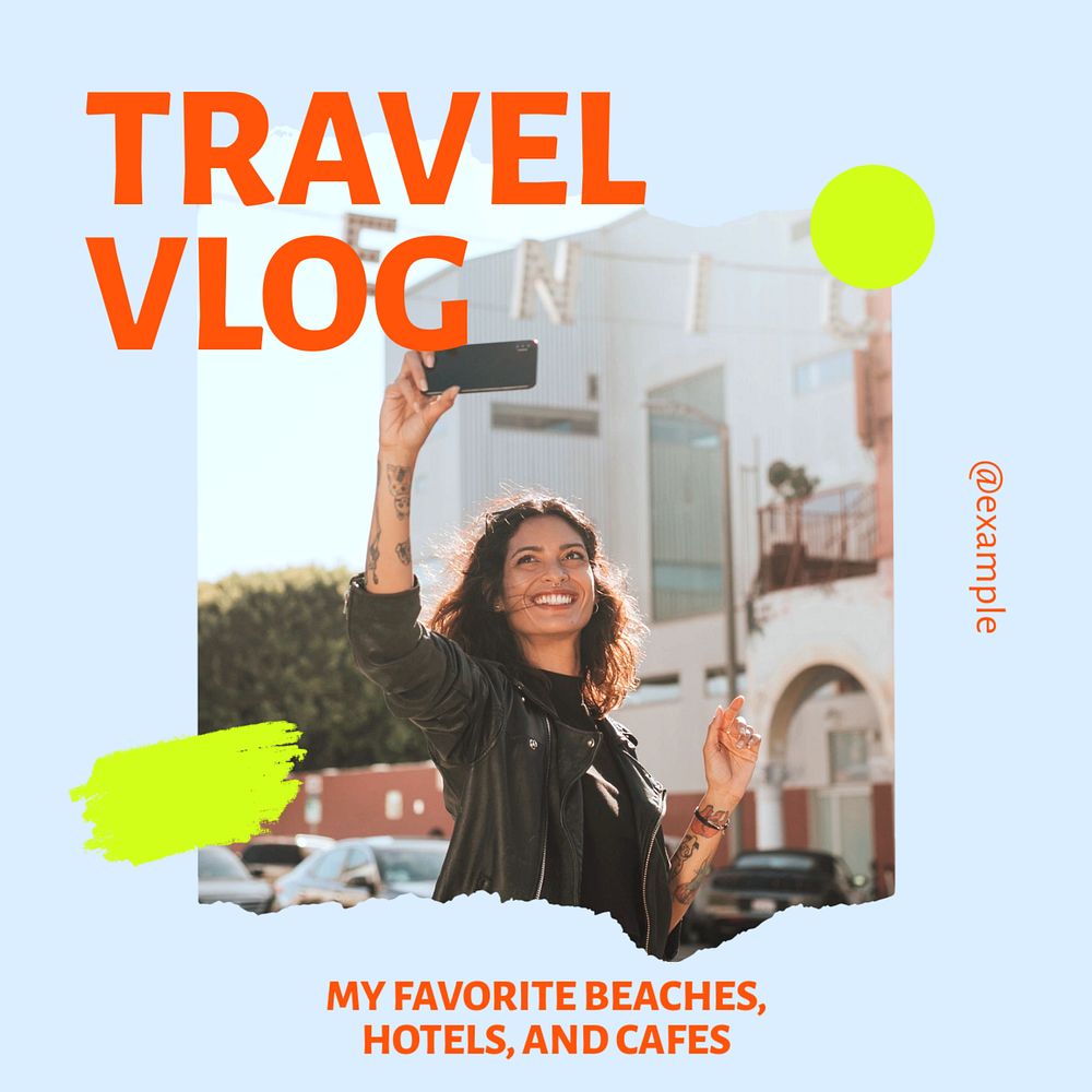 Travel vlog Instagram post template, editable text