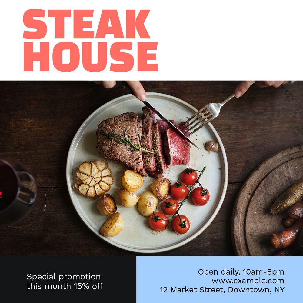 Steakhouse restaurant  Instagram post template, editable text