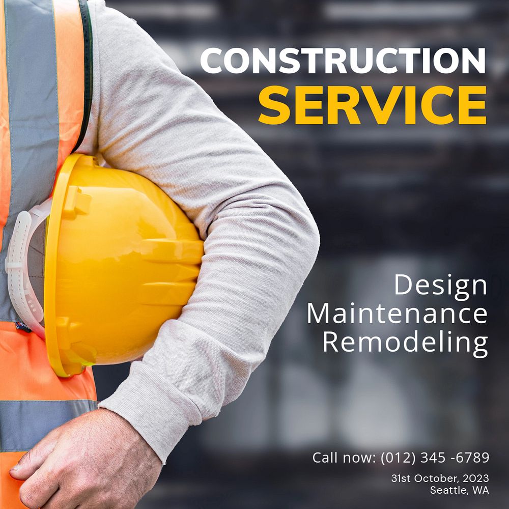 Construction service Instagram post template, editable text