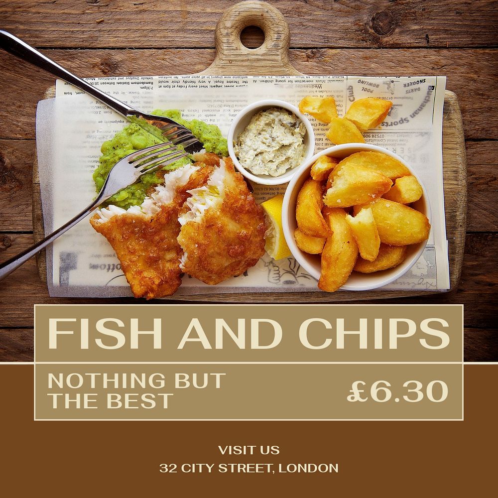 Fish and chips Instagram post template, editable text