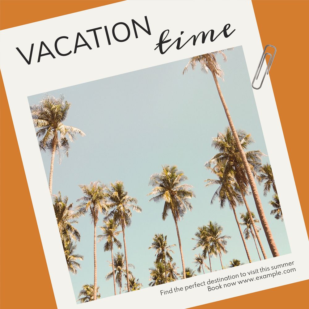 Vacation time Instagram post template, editable text