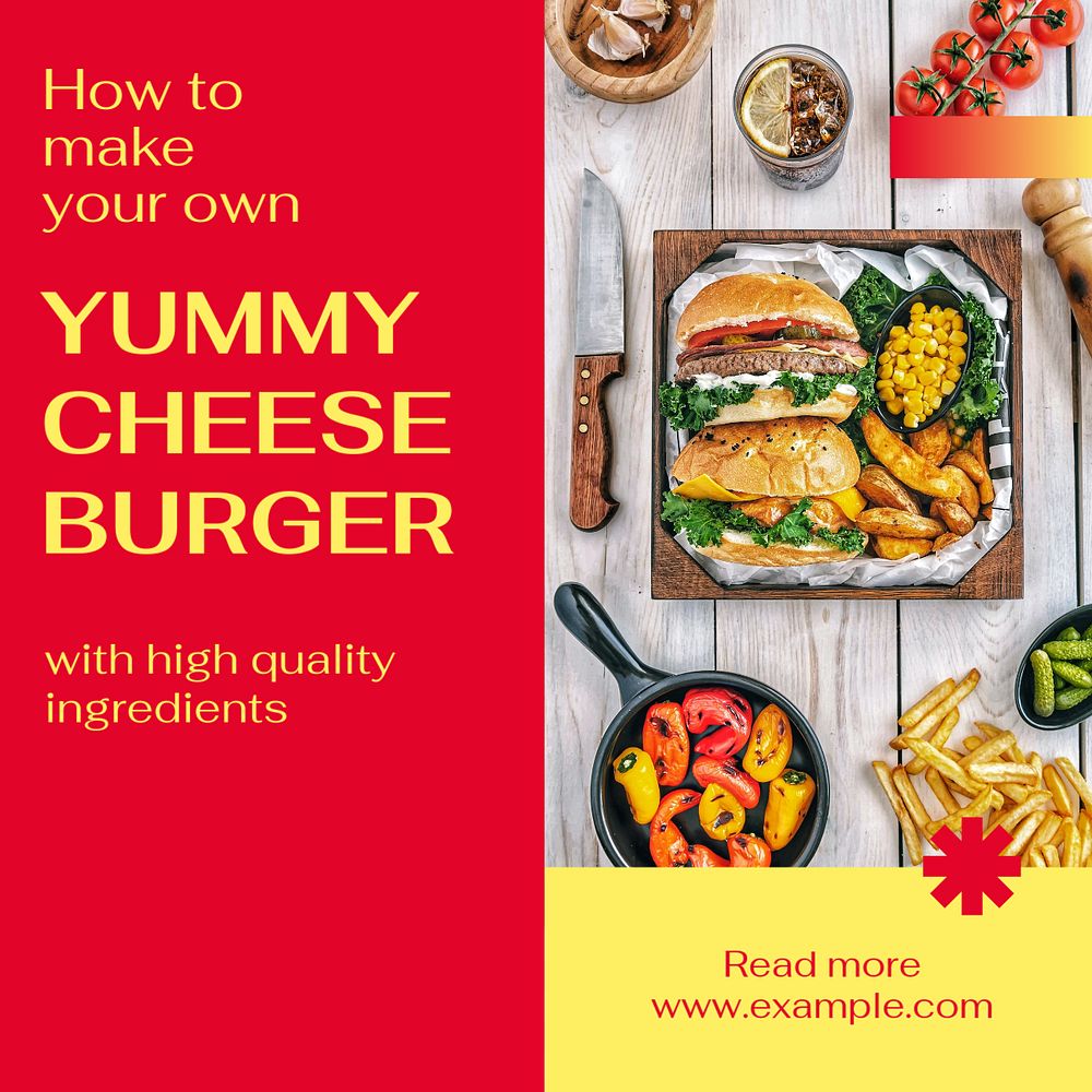 Cheeseburger recipe Instagram post template, editable text