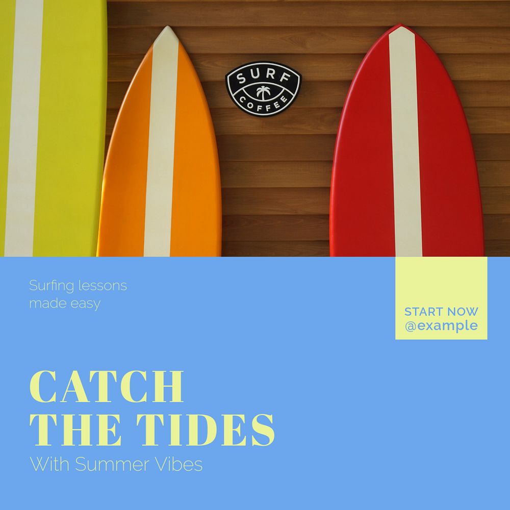 Surfing lessons Instagram post template, editable text