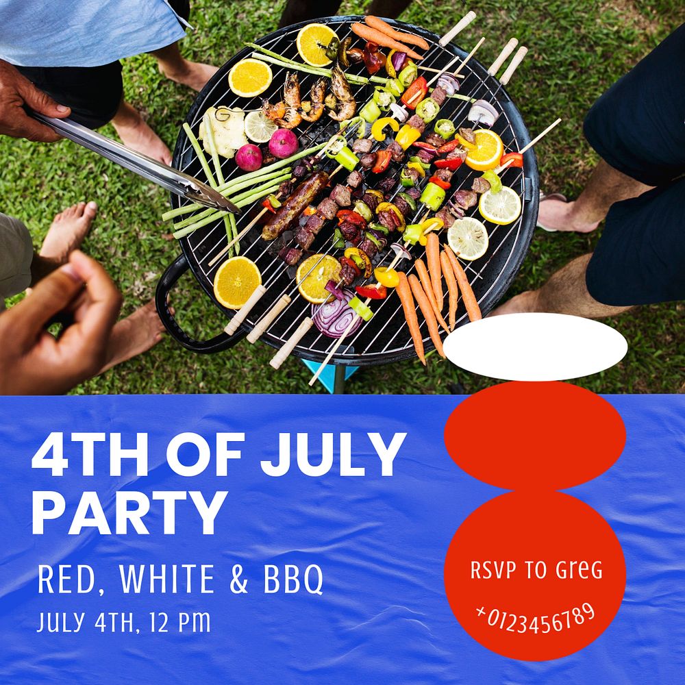 4th of July BBQ party Instagram post template, editable text