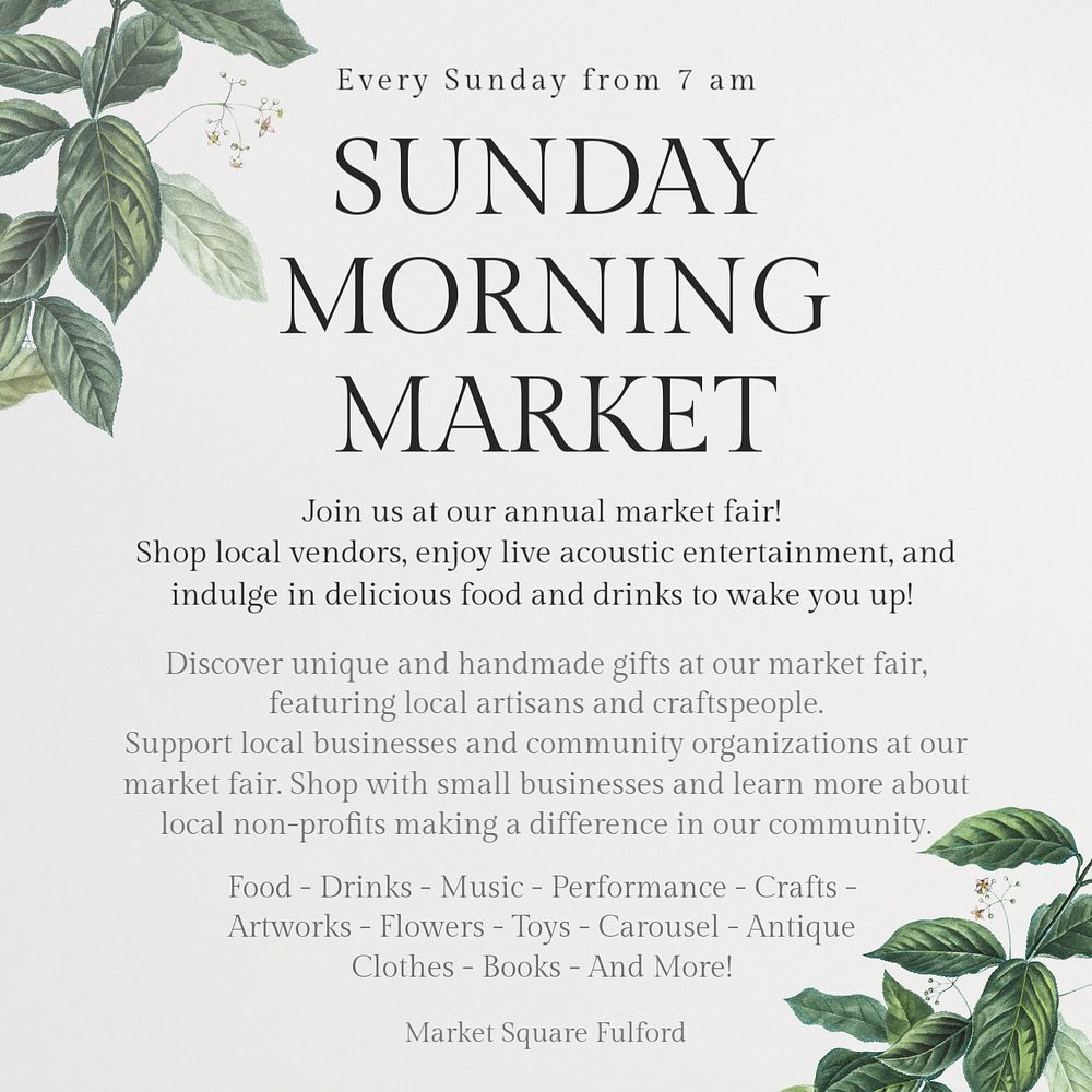 Sunday morning market Instagram post template, editable text