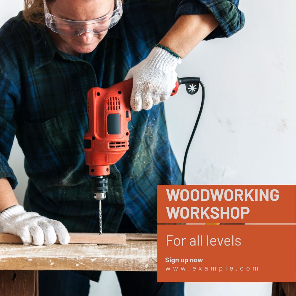 Woodworking workshop Instagram post template, editable text