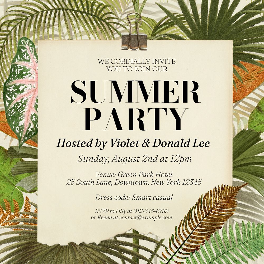 Summer party invitation Instagram post template, editable text