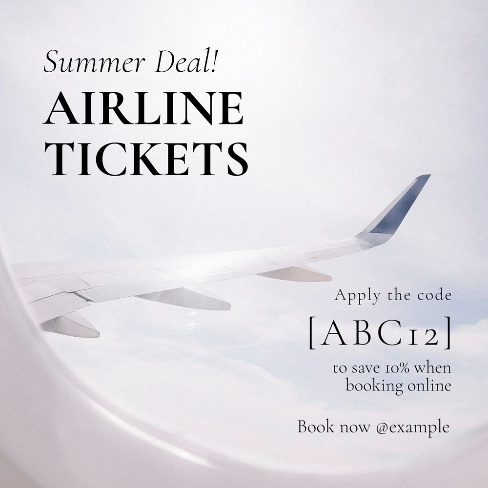 Airline tickets deal Instagram post template, editable text