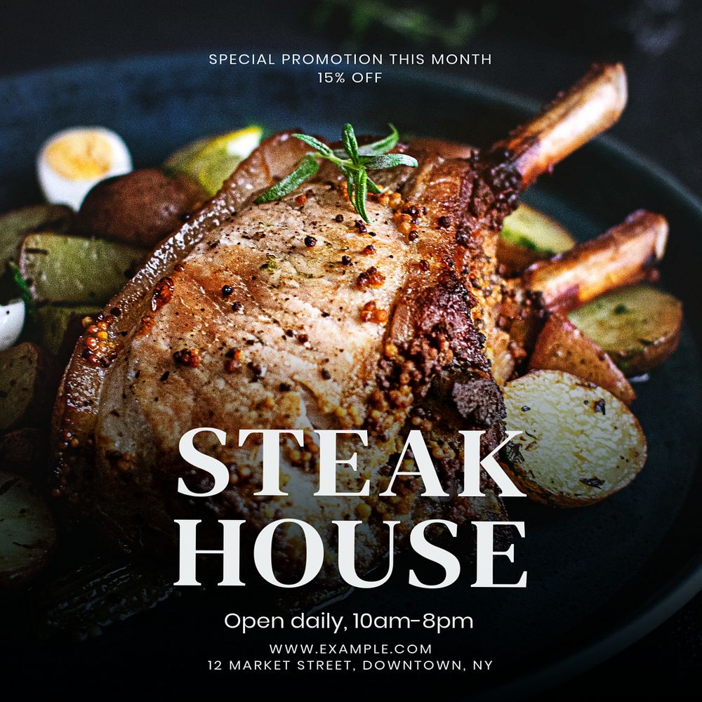 Steakhouse restaurant Instagram post template, editable text