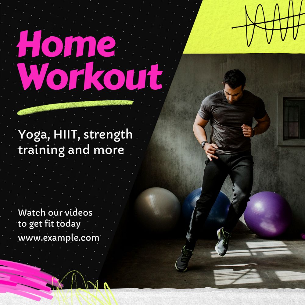 Home workout videos Instagram post template, editable text