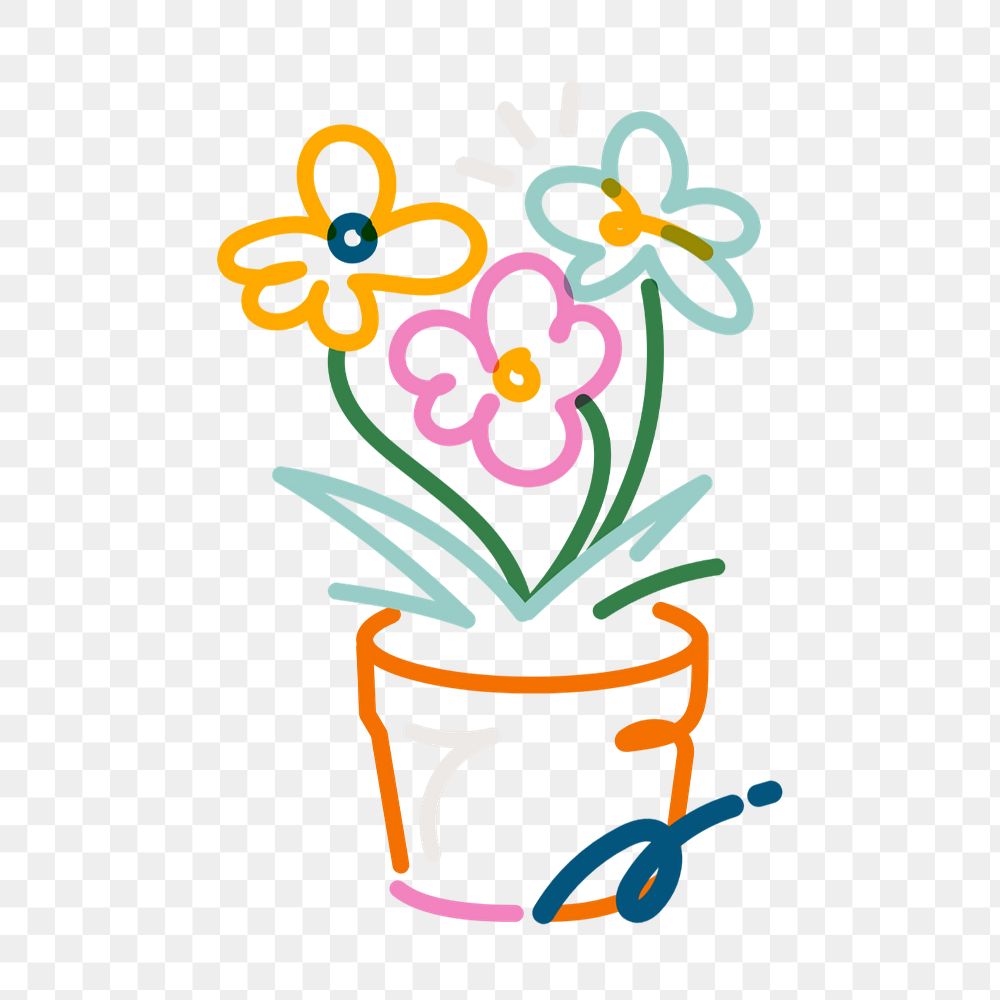 Png potted flowers doodle, transparent background, editable design