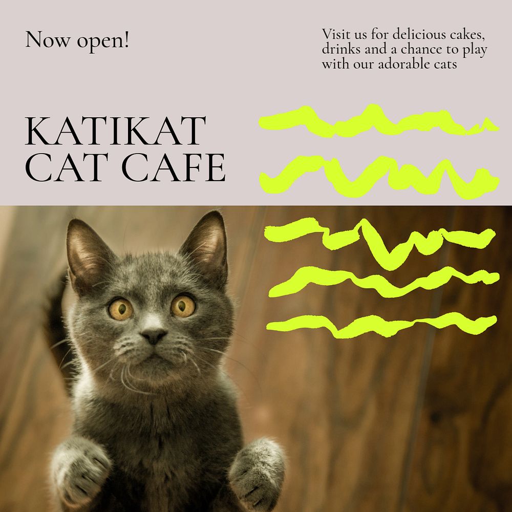 Cat cafe Instagram post template, editable text