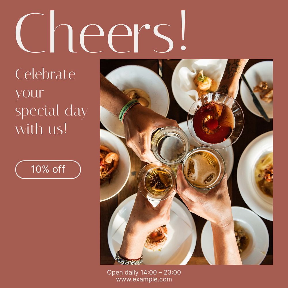 Cheers restaurant promotion Instagram post template, editable text