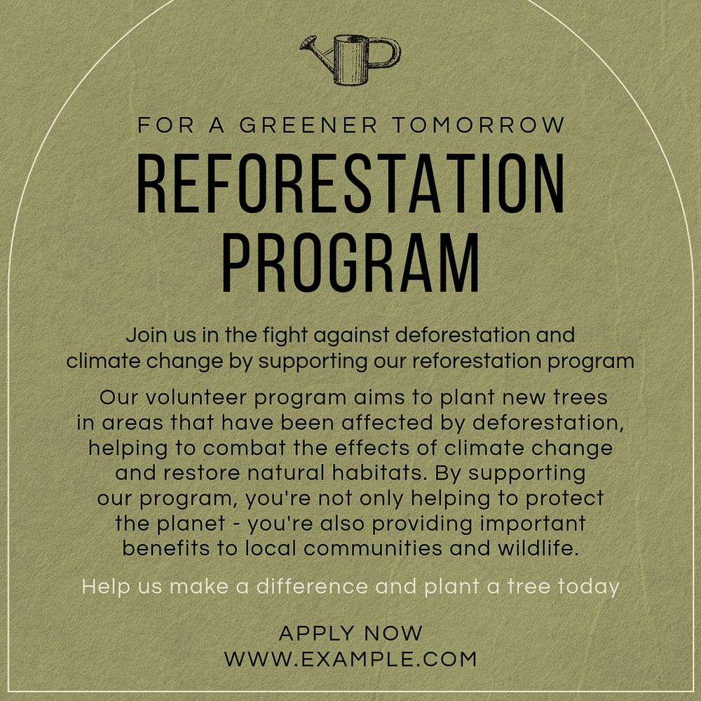 Reforestation program Instagram post template, editable text